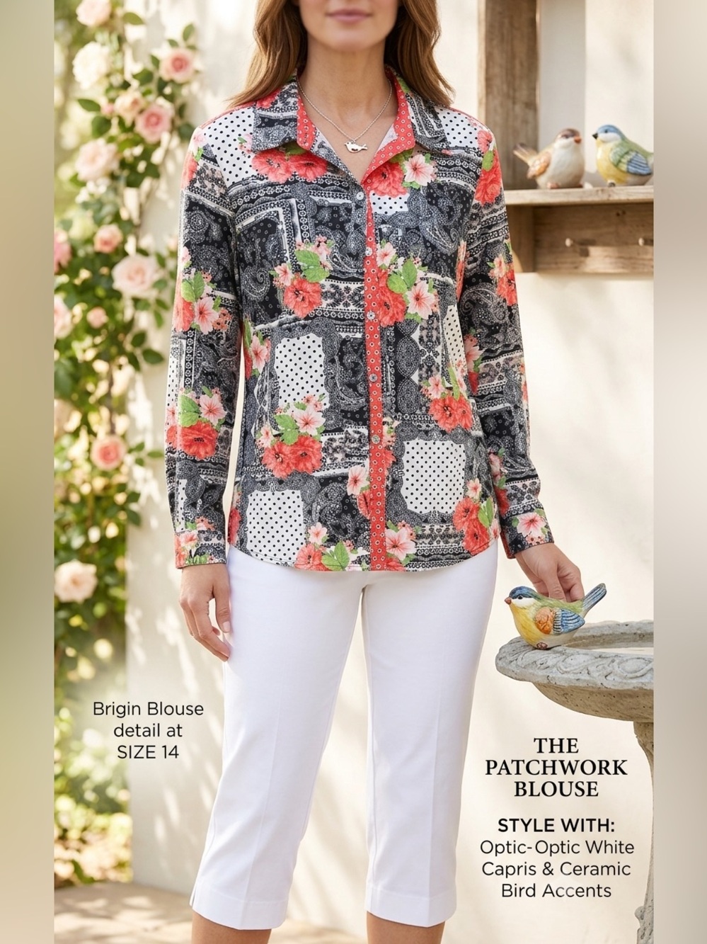 Susan Graver Floral Patchwork Blouse in Coral, Green, Black and White